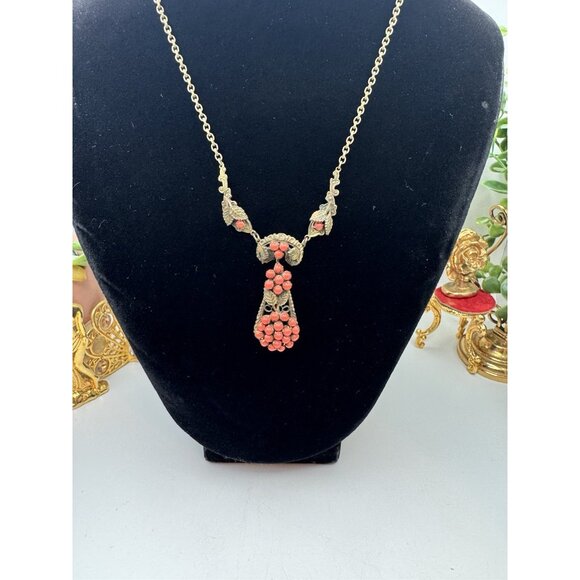 Vintage Victorian Revival Necklace Brass Faux Coral Czech Art Nouveau - Picture 2 of 8